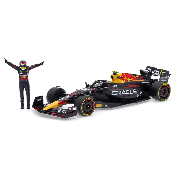 Miniatura Fórmula 1 Red Bull Racing RB19 #11 Sergio Pérez 1:18 + Piloto (Campeão Construtores)