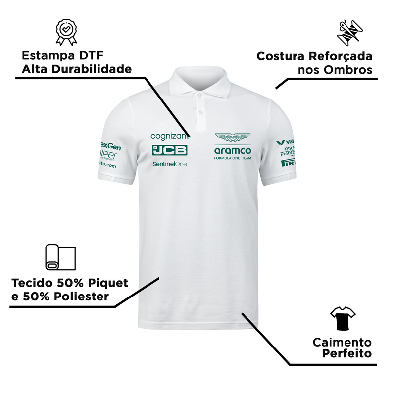 Camisa Polo Lance Stroll Aston Martin 2024 Branca