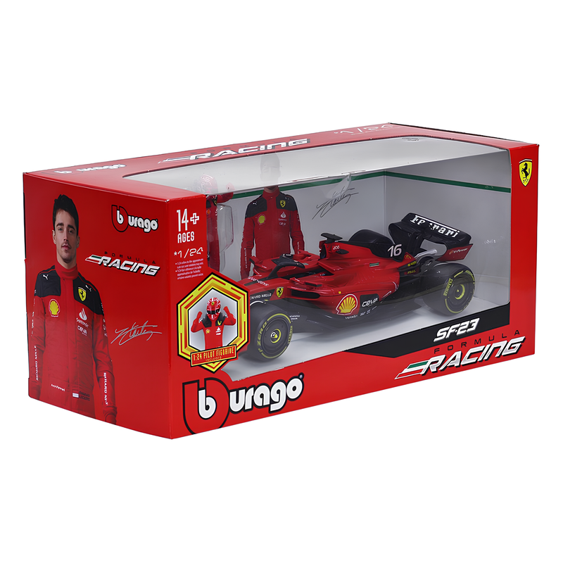 Miniatura Fórmula 1 Ferrari SF-23 1:24 + Figura Piloto Charles Leclerc