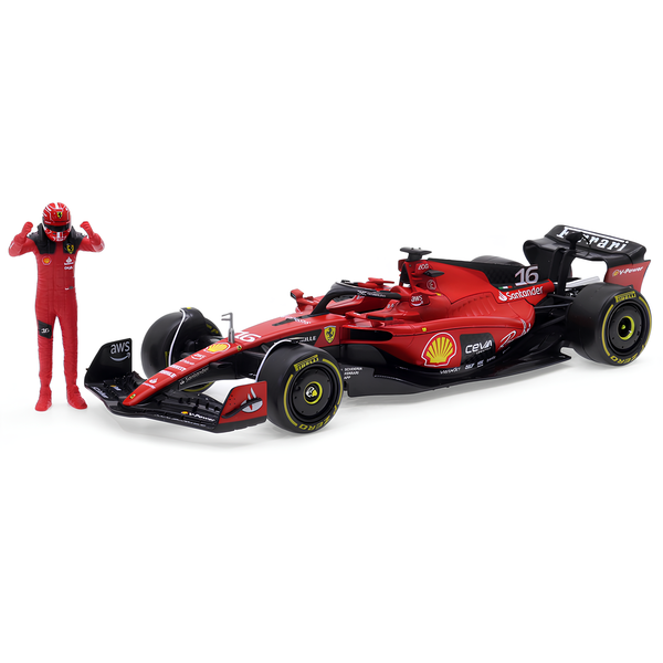 Miniatura Fórmula 1 Ferrari SF-23 1:24 + Figura Piloto Charles Leclerc #16